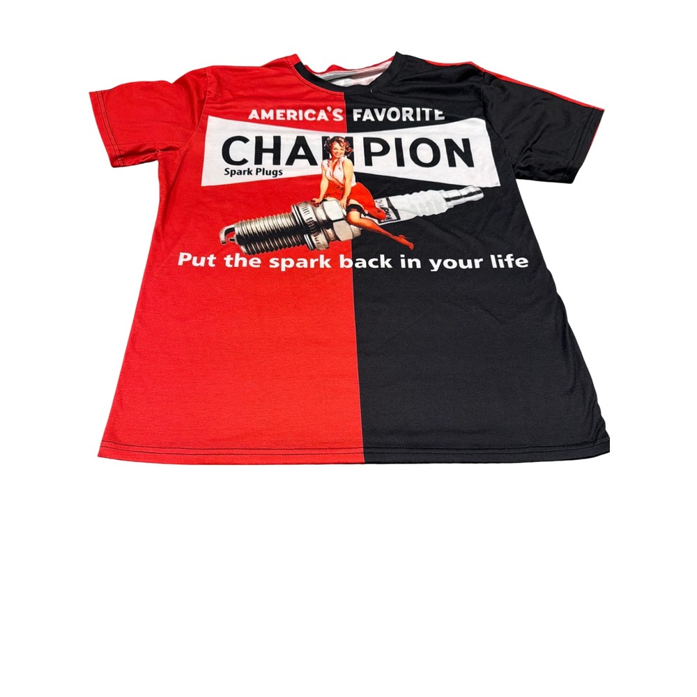 Champion Spark Plugs Pinup Girl Graphic Tee Red Black Split Shirt Mens Large